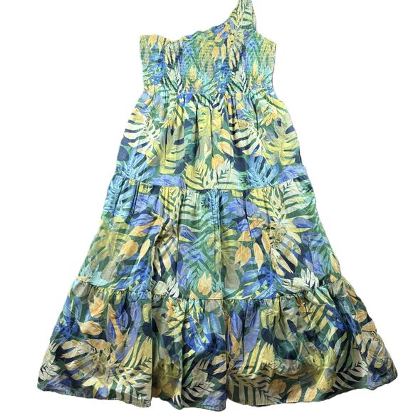 Tropical Maxi Dress One Shoulder Pockets Tiered Smocked Green Blue XXXL 22 C163 - Picture 1 of 10